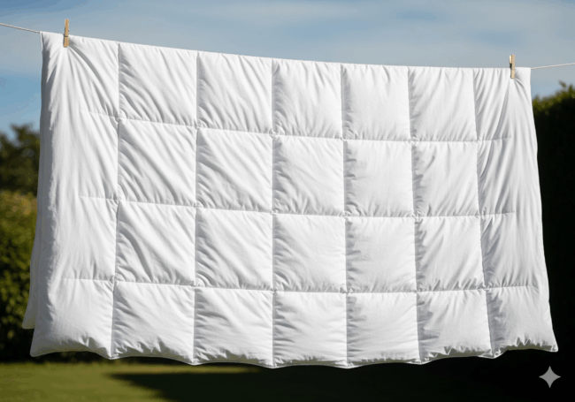 Eine große weiße Steppdecke, frisch von der Bettdecke gewaschen, hängt im Freien an einer Wäscheleine, mit grünen Büschen und einem blauen Himmel im Hintergrund.