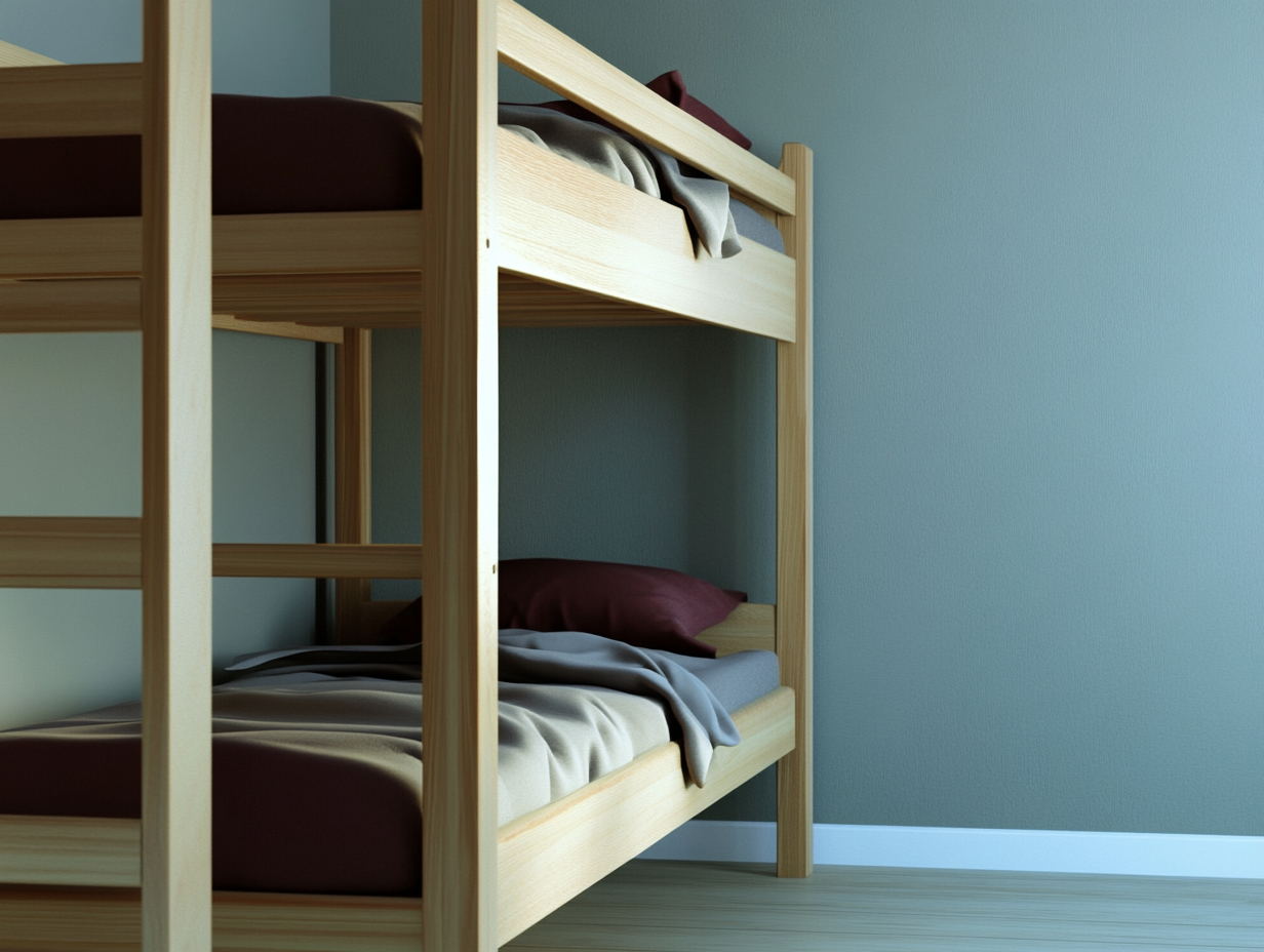 Ein hölzernes Etagenbett mit braunen Kissen und grauem Bettzeug steht vor einer schlichten hellblauen Wand in einem minimalistisch eingerichteten Zimmer mit Holzfußboden.