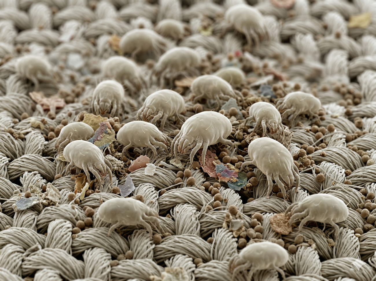 Eine vergrößerte Nahaufnahme von Hausstaubmilben und Trümmern auf gewebten Teppichfasern, die winzige, blasse Kreaturen und verstreute Partikel zwischen den strukturierten Strängen zeigt.