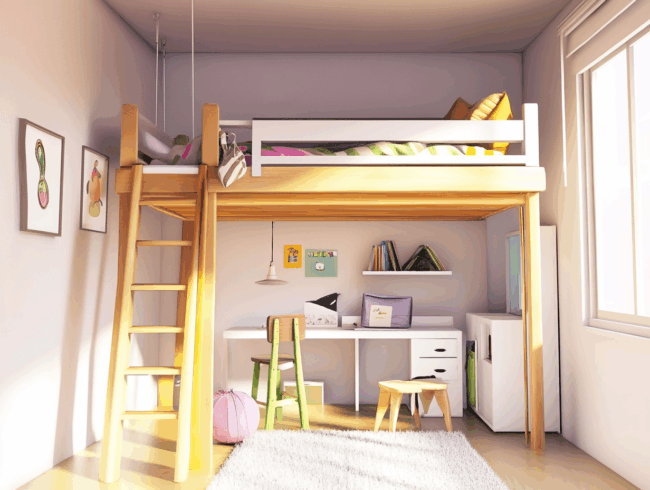 Ein helles, modernes Schlafzimmer mit einem hölzernen Hochbett mit einer Leiter, einem gemütlichen Schreibtisch und einem Stuhl darunter, Büchern, Dekoration, gerahmter Kunst an den Wänden und Sonnenlicht, das durch ein großes Fenster fällt.