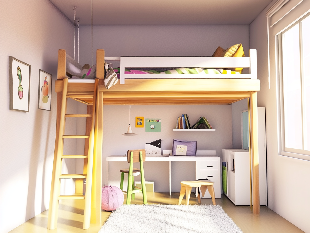 Ein helles, modernes Schlafzimmer mit einem hölzernen Hochbett mit einer Leiter, einem gemütlichen Schreibtisch und einem Stuhl darunter, Büchern, Dekoration, gerahmter Kunst an den Wänden und Sonnenlicht, das durch ein großes Fenster fällt.