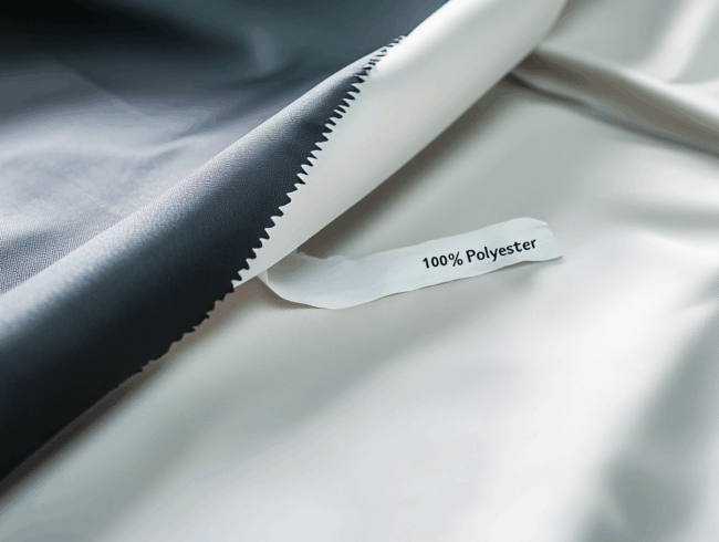 Eine Nahaufnahme eines gefalteten Polyestergewebes mit einem Etikett, auf dem 100% Polyester steht. Die glatte, glänzende Oberfläche weist kontrastierende helle und dunkle Bereiche auf, die die Qualität des Materials unterstreichen.