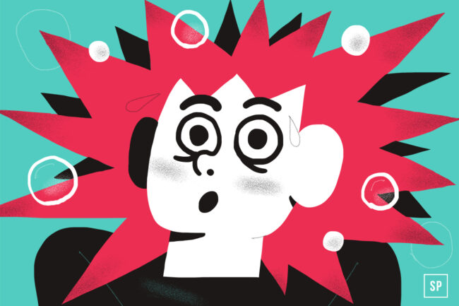 Eine stilisierte Illustration einer überraschten Person mit weit aufgerissenen Augen und stacheligem, leuchtend rosa Haar vor einem blaugrünen Hintergrund. Weiße Kreise umschweben ihren Kopf und fangen den Moment des Aufwachens aus einem lebendigen Traum ein. Die Person trägt ein schwarzes Hemd.