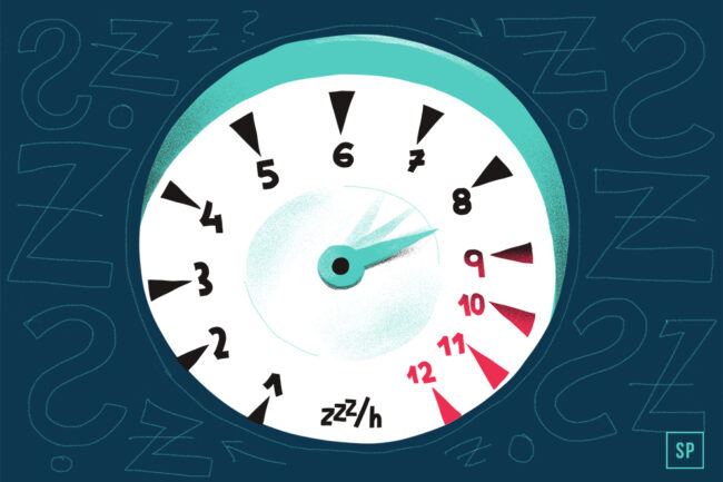 Eine Illustration eines Geschwindigkeitsmessers mit der Aufschrift zzz/h, der die Schlafdauer von 1 bis 12 anzeigt. Die Nadel zeigt auf 8, während der rote Bereich (9-12) vor zu viel Schlaf warnt. Auf einem dunkelblauen Hintergrund sind Fragezeichen und zzz-Symbole zu sehen.