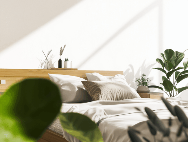 Ein sonnendurchflutetes Schlafzimmer mit einem ordentlich gemachten Bett, neutralen Kissen, einem hölzernen Kopfteil, Topfpflanzen und minimalistischem Dekor auf einem Nachttisch. Weiches natürliches Licht und Zimmertemperatur schaffen eine warme, einladende Atmosphäre.