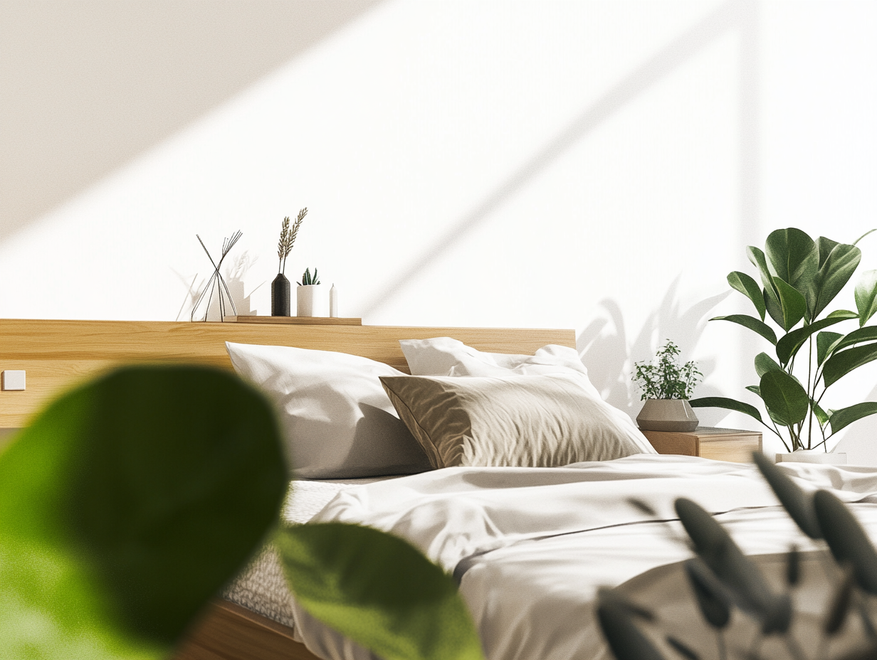Ein sonnendurchflutetes Schlafzimmer mit einem ordentlich gemachten Bett, neutralen Kissen, einem hölzernen Kopfteil, Topfpflanzen und minimalistischem Dekor auf einem Nachttisch. Weiches natürliches Licht und Zimmertemperatur schaffen eine warme, einladende Atmosphäre.
