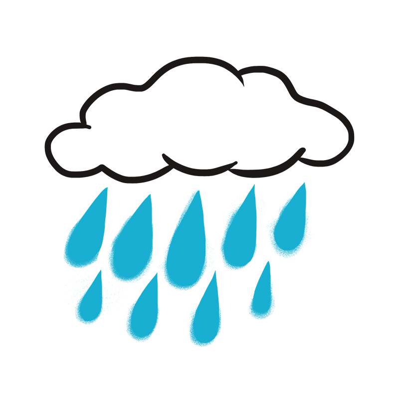 Eine einfache Illustration einer schwarz umrandeten Wolke mit großen blauen Regentropfen, die auf einen weißen Hintergrund fallen.