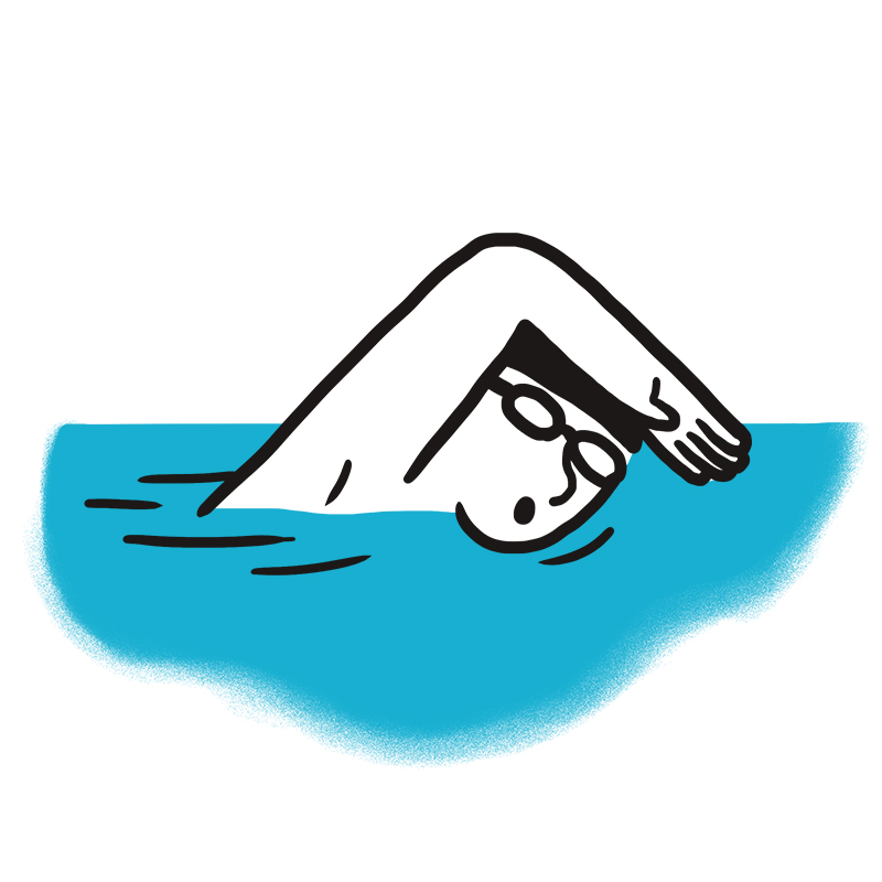 Eine einfache Illustration einer Person, die in blauem Wasser Freistil schwimmt, eine Schwimmbrille trägt und einen Arm aus dem Wasser hebt.
