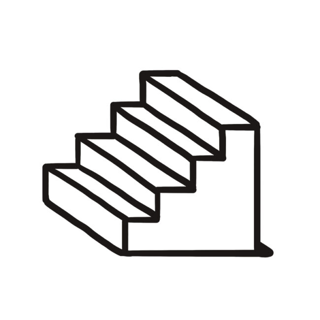 Eine einfache schwarze und weiße Strichzeichnung einer Treppe mit vier Stufen, aus einem Winkel betrachtet, auf einem schlichten weißen Hintergrund.