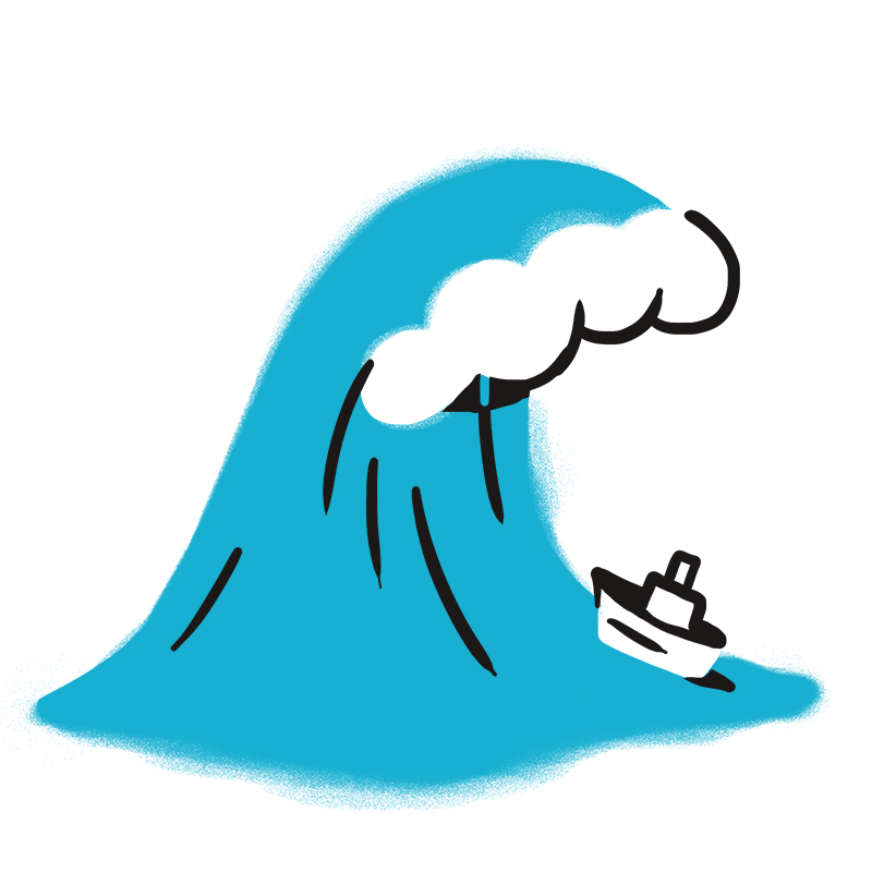 Eine einfache Illustration einer großen blauen Welle mit weißem Wellenkamm, die auf ein kleines, weißes Boot auflaufen wird. Die Szene ist in einem verspielten, cartoonartigen Stil gezeichnet.