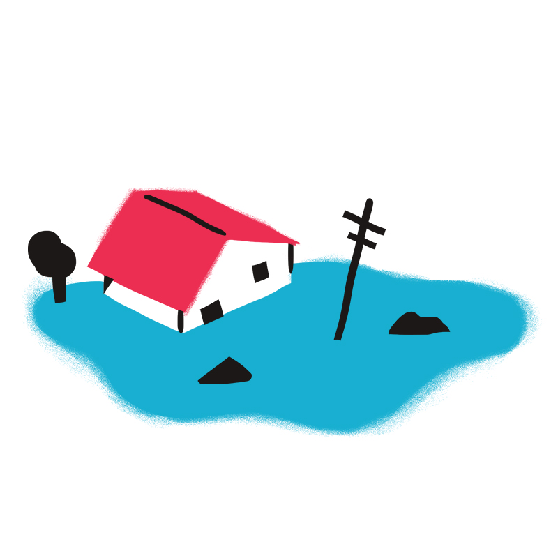 Ein Haus mit rotem Dach steht teilweise unter Wasser, in der Nähe befinden sich ein umgekippter Strommast, Felsen und ein Baum. Die Szene deutet auf Überschwemmungen und Schäden hin.