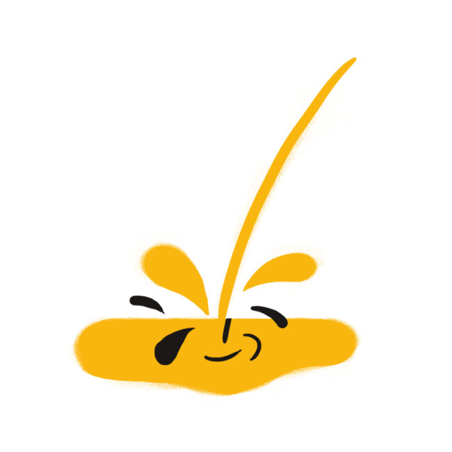 Eine stilisierte gelbe Flüssigkeit mit einem lächelnden Gesicht wird ausgegossen, wobei Spritzer und Tröpfchen vor einem weißen Hintergrund entstehen.