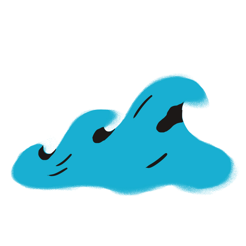 Eine stilisierte Illustration einer blauen Meereswelle mit dunklen Akzenten auf weißem Hintergrund.