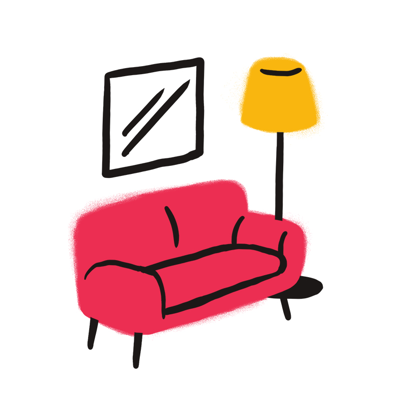 Eine einfache Illustration einer roten Couch, einer gelben Stehlampe und eines quadratischen Wandspiegels mit diagonalen Linien vor einem weißen Hintergrund.