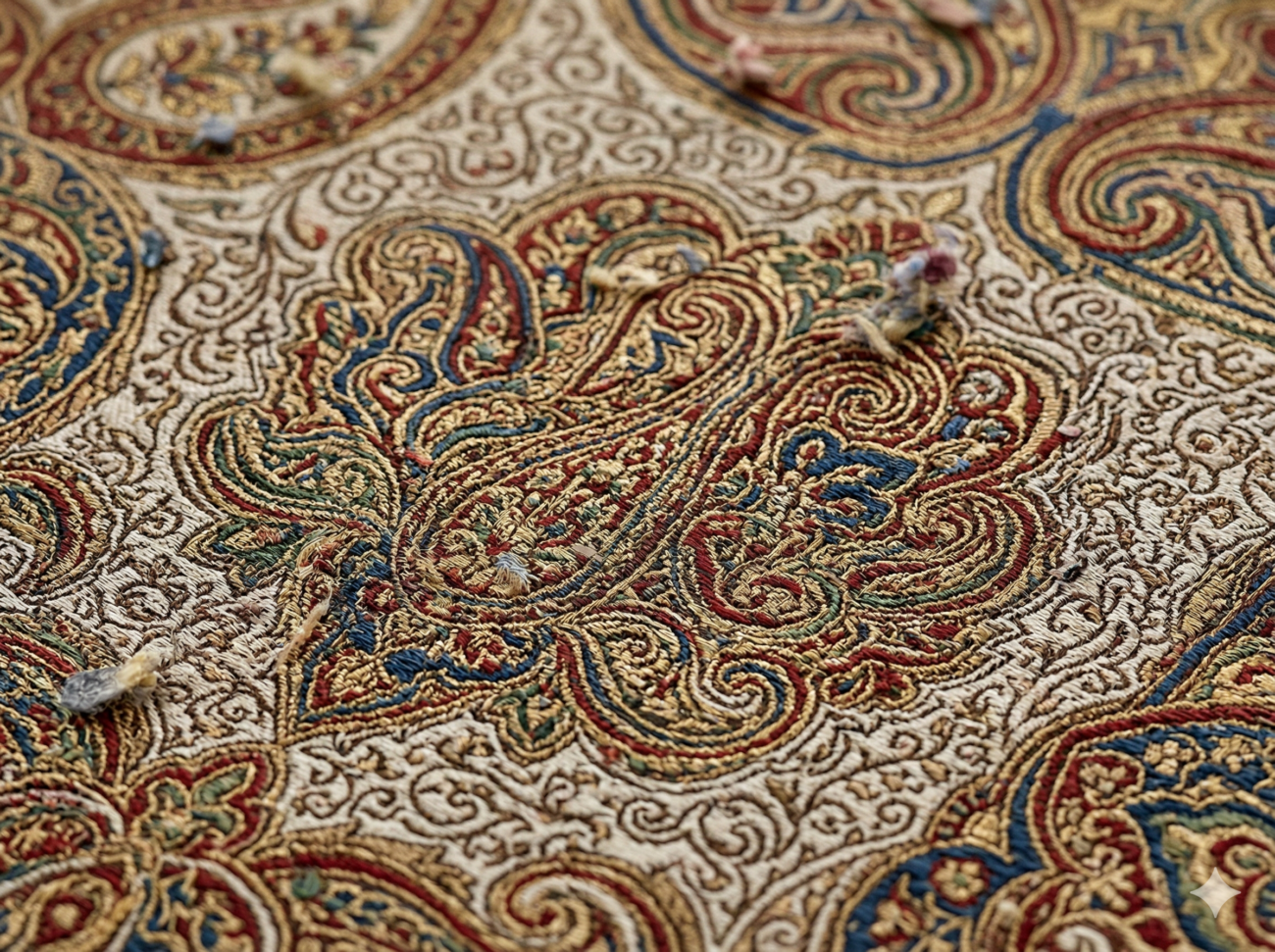 Nahaufnahme eines detailreichen Textils mit komplizierten Paisleymustern und farbenfrohen Mustern aus goldenen, roten, blauen und grünen Fäden, das eine aufwendige, erhabene Stickerei auf beigem Hintergrund zeigt.
