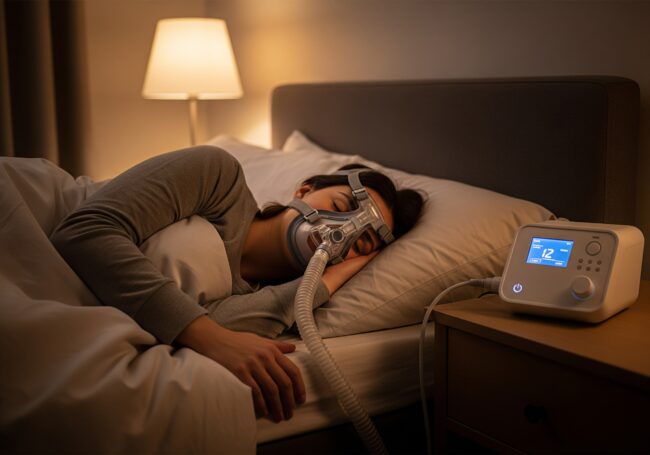 Eine Person mit Schlafapnoe schläft auf der Seite im Bett und trägt eine CPAP-Maske, die mit einem Gerät in der Nähe verbunden ist, das die Einstellungen auf einem Bildschirm anzeigt. Eine Lampe auf dem Nachttisch sorgt für warmes Licht im Raum.