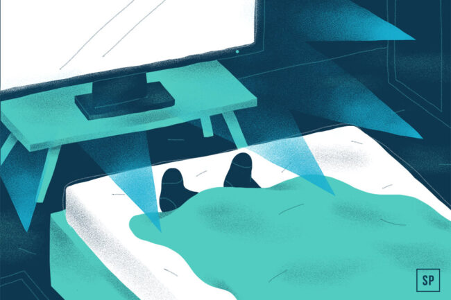 Illustration einer Person, die in einem Schlafzimmer liegt, von einer Decke bedeckt, und auf den Fernseher konzentriert. Blaue Lichtstrahlen des Fernsehers erhellen das Bett in einem dunklen Raum, wodurch die Szene ruhig und fokussiert wirkt.