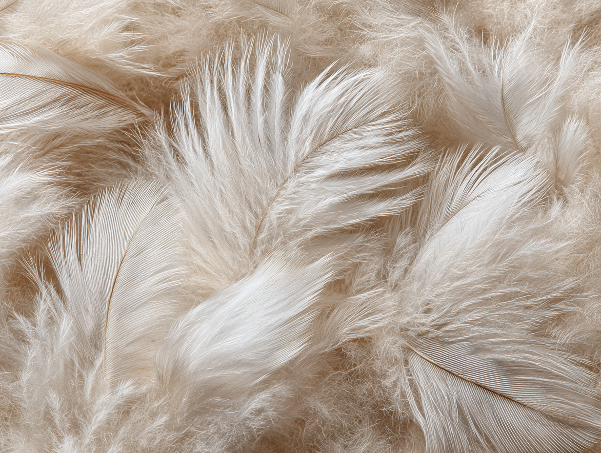 Eine Nahaufnahme mehrerer weicher, weißer Daunenfedern, die sich überlappen und eine flauschige und zarte Textur bilden. Das Licht hebt die feinen Details und sanften Kurven der Federn hervor.