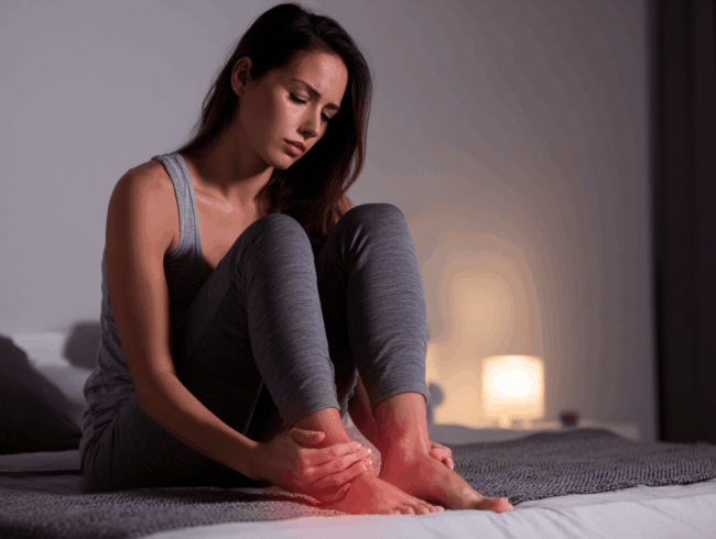 Eine Frau sitzt in einem schwach beleuchteten Raum auf einem Bett, trägt einen grauen Schlafanzug und hält ihren Fuß mit beiden Händen fest. Ihr Gesichtsausdruck sieht schmerzhaft aus, und ihr hervorgehobener Knöchel und Fuß deuten auf Symptome des Burning Feet Syndroms hin.
