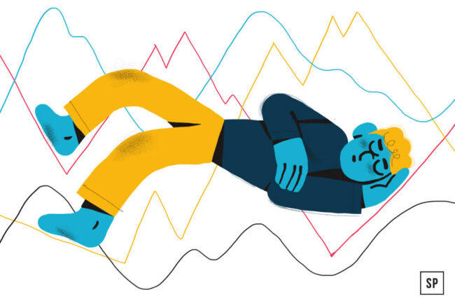 Illustration einer blauhäutigen Person mit gelber Hose, die friedlich schläft, umgeben von wellenförmigen, bunten Linien, die die Schlafanalyse oder die Gehirnaktivität während verschiedener Schlafzyklen darstellen.