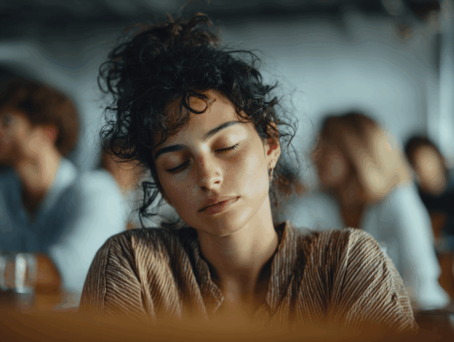 Eine junge Frau mit lockigem dunklem Haar, die möglicherweise unter Narkolepsie leidet, sitzt mit geschlossenen Augen in einem schwach beleuchteten, unscharfen Klassenzimmer oder in einer Besprechung mit Menschen im Hintergrund und wirkt müde oder in Gedanken versunken.