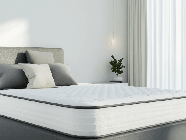 Ein modernes, minimalistisches Schlafzimmer mit einem ordentlich gemachten Bett mit weißer Matratze und grauen Kissen, perfekt für Ihren nächsten Matratzenkauf, sowie einem kleinen Nachttisch mit einer Topfpflanze, einer Hängelampe und raumhohen Vorhängen, die natürliches Licht hereinlassen.