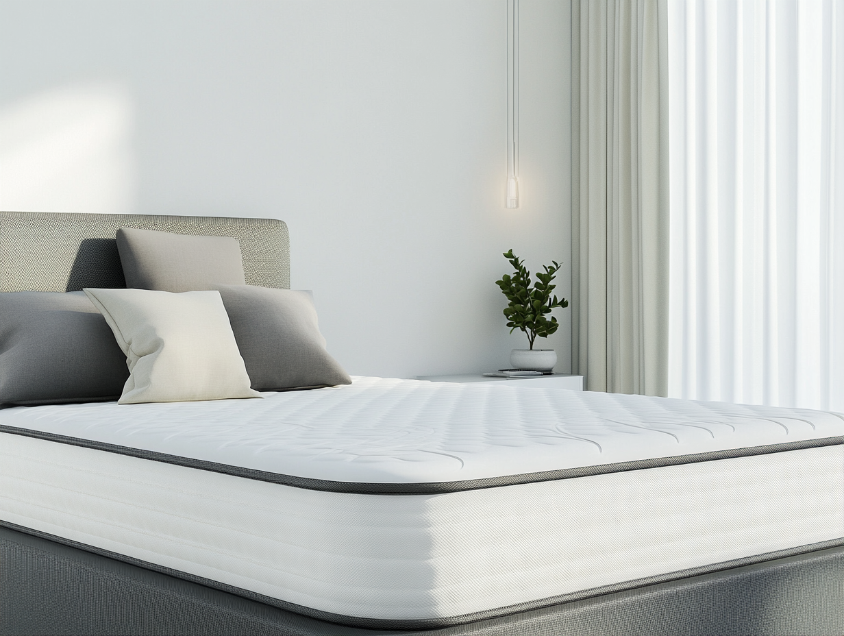 Ein modernes, minimalistisches Schlafzimmer mit einem ordentlich gemachten Bett mit weißer Matratze und grauen Kissen, perfekt für Ihren nächsten Matratzenkauf, sowie einem kleinen Nachttisch mit einer Topfpflanze, einer Hängelampe und raumhohen Vorhängen, die natürliches Licht hereinlassen.