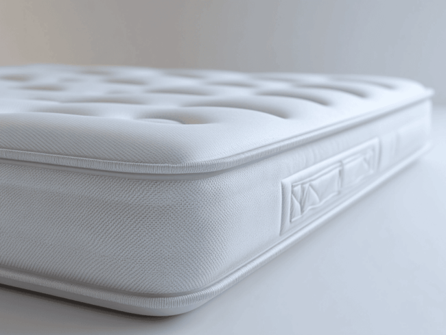 Nahaufnahme einer weißen Plüschmatratze mit Härtegrad 4, die eine gesteppte, getuftete Oberfläche und seitliche Griffe aus Stoff aufweist, vor einem hellen Hintergrund in einem minimalistischen Ambiente.