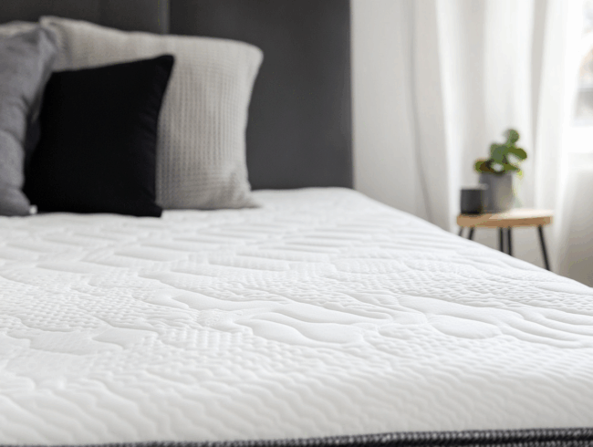 Eine Nahaufnahme eines ordentlich gemachten Bettes mit einer weiß gemusterten Matratze Härtegrad, grauen und schwarzen Kissen und einem kleinen Nachttisch mit einer Pflanze neben einem Fenster mit weißen Vorhängen.