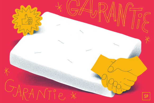 Eine weiße Matratze auf rotem Hintergrund, mit gelben Kritzeleien eines Daumen-hoch-Abzeichens, zwei sich schüttelnden Händen und dem Wort GARANTIE, das zweimal in großen Buchstaben geschrieben ist - perfekt, um Ihren nächsten Matratzenkauf hervorzuheben.