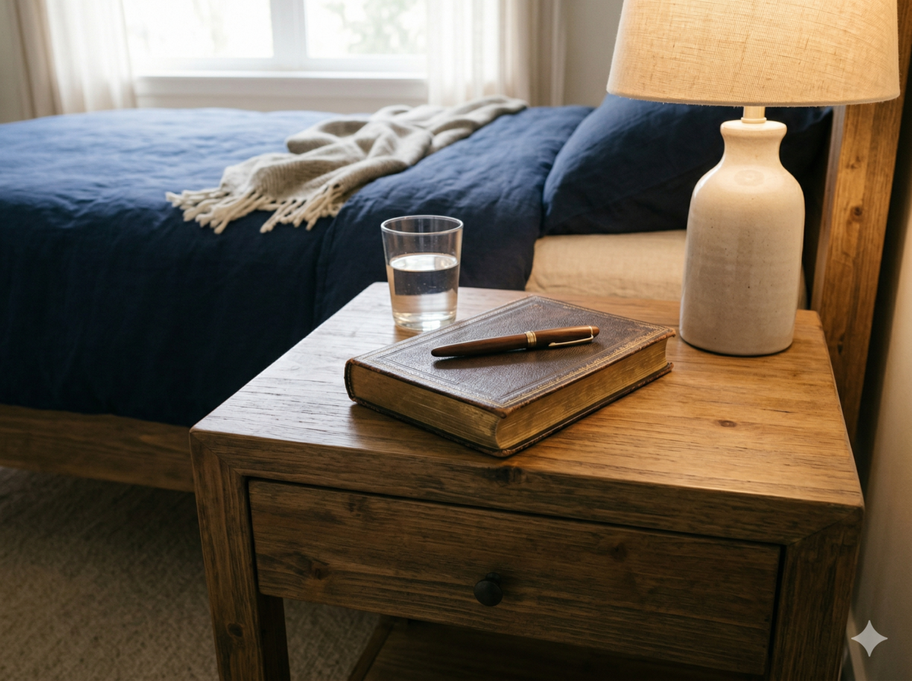 Ein hölzerner Nachttisch mit einer Schublade enthält ein geschlossenes Traumtagebuch, einen Stift und ein Glas Wasser neben einer Keramiklampe. Im Hintergrund steht ein ordentlich gemachtes Bett mit einer blauen Decke und ein Fenster mit durchsichtigen Vorhängen.
