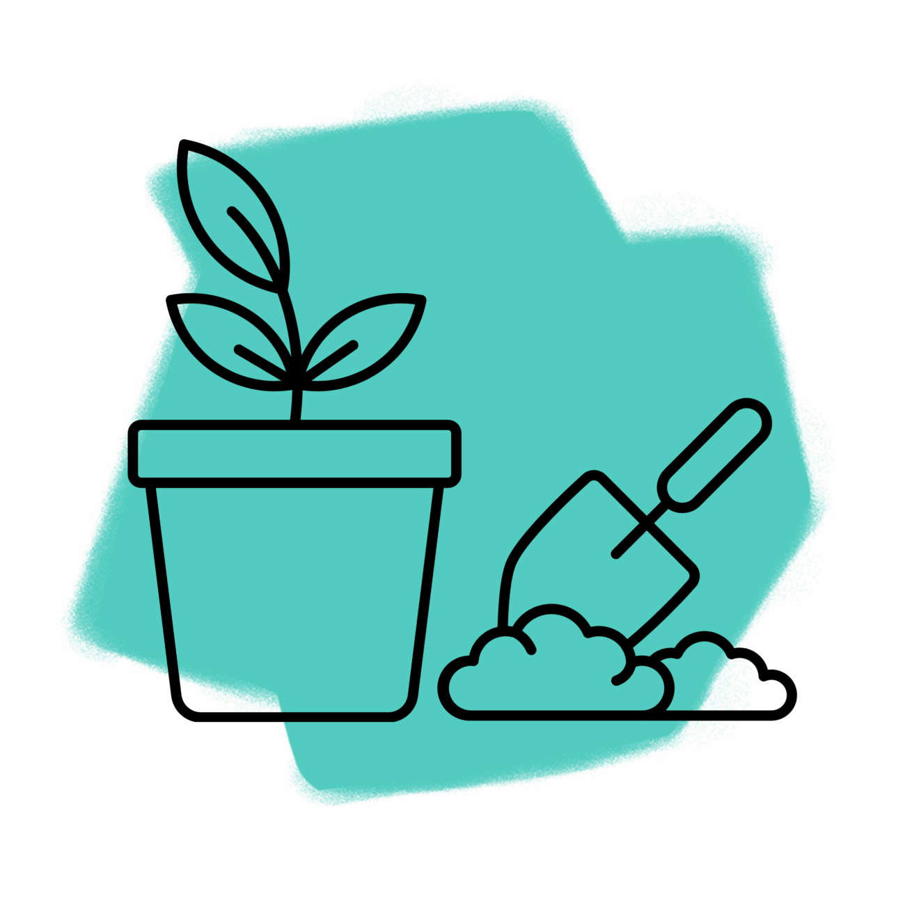 Strichzeichnung einer Topfpflanze neben einer Gartenkelle, die in der Erde gräbt, mit einer abstrakten, blaugrünen Form im Hintergrund - perfekt zur Illustration von Traumdeutung Garten oder Traumdeutungen im Zusammenhang mit Gärten.