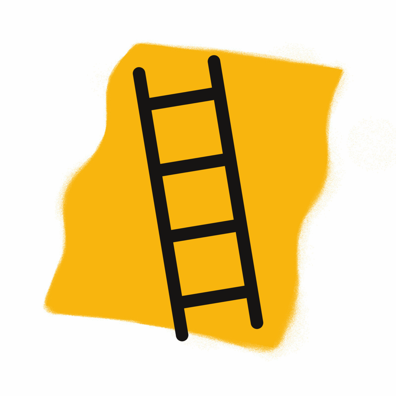 Eine einfache Illustration einer schwarzen Leiter mit vier Sprossen, die diagonal über einem gelben, unregelmäßig geformten Hintergrund positioniert ist - perfekt für die Erforschung der Traumdeutung oder als markantes Traumsymbol.