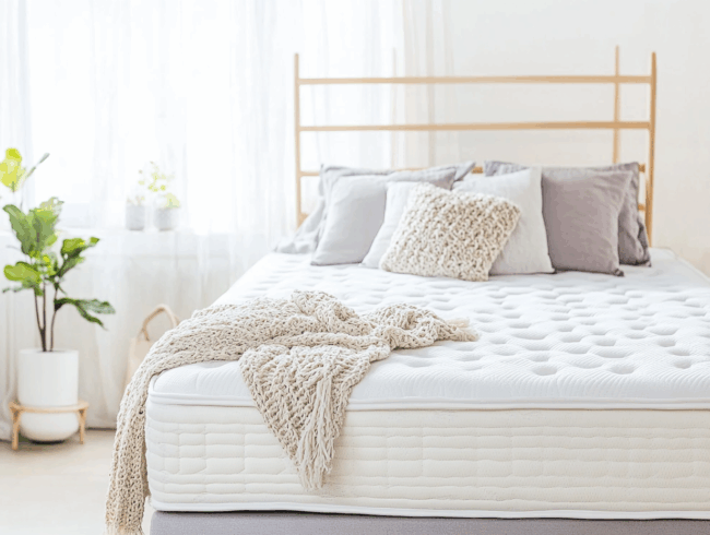 Ein ordentlich gemachtes Bett mit einer weichen Matratze, einer cremefarbenen Decke und mehreren grauen und cremefarbenen Kissen steht in einem hellen Raum mit großen Fenstern, einem hölzernen Kopfteil und einer Topfpflanze - perfekt für alle, die eine Matratze härter machen wollen.