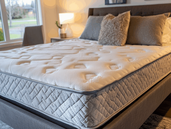 Eine Nahaufnahme eines ordentlich gemachten Bettes mit einer gemusterten Matratze und mehreren dekorativen Kissen, in einem hellen, modernen Schlafzimmer mit einer Lampe und einem Fenster im Hintergrund - ideal für diejenigen, die sich Sorgen machen, dass die Matratze stinkt.