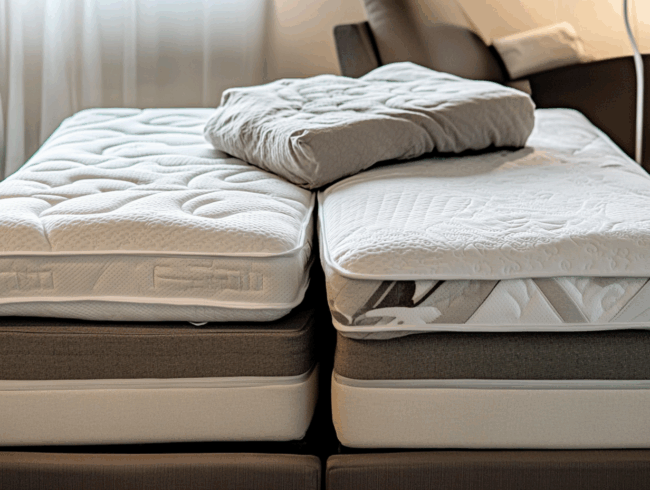 Ein doppelbett mit zwei separaten Matratzen aber auf jeder Matratze liegt eine zweite obendrauf.