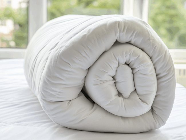 Eine zusammengerollte weiße Bettdecke, ähnlich wie eine Matratze, liegt auf einem ordentlich gemachten Bett mit weißen Laken in der Nähe eines Fensters mit Blick auf üppiges Grün.