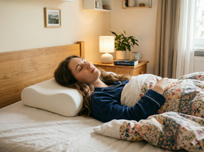 Eine Frau mit langen Haaren liegt schlafend auf dem Rücken im Bett, zugedeckt mit einer gemusterten Decke. Sie stützt ihren Kopf auf ein Rückenschläferkissen in einem gemütlichen, sanft beleuchteten Schlafzimmer, das mit Regalen, Pflanzen und einer Lampe dekoriert ist.