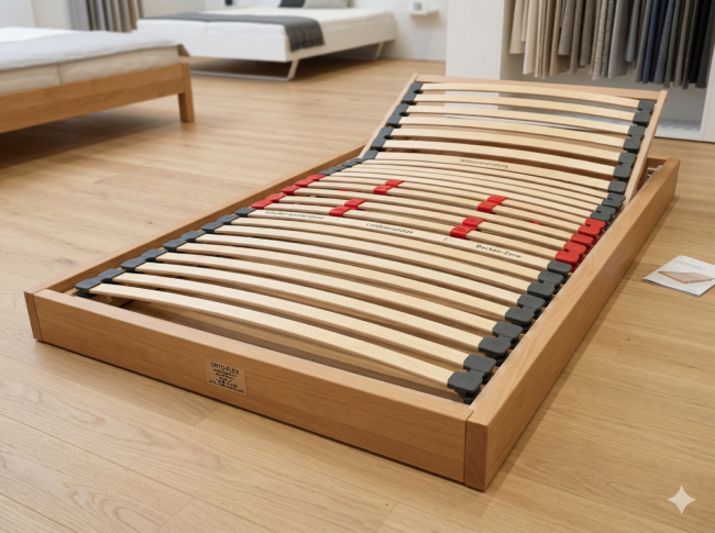 Orto-Flex-Holzlattenrost mit beschrifteten ergonomischen Zonen, einschließlich Schulter-, Lenden- und Beckenstützbereichen, die mit roten und grauen Verbindungsstücken markiert sind, ausgestellt in einem Ausstellungsraum.