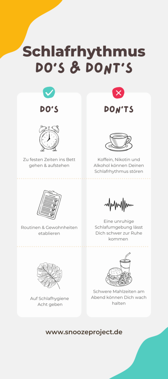 Infografik zum Thema Schlafrhythmus mit Symbolen und Tipps, wie z. B. zu bestimmten Zeiten ins Bett zu gehen, Routinen zu schaffen und Koffein, Stress und schwere Mahlzeiten vor dem Schlafengehen zu vermeiden. Website: snoozeproject.de.