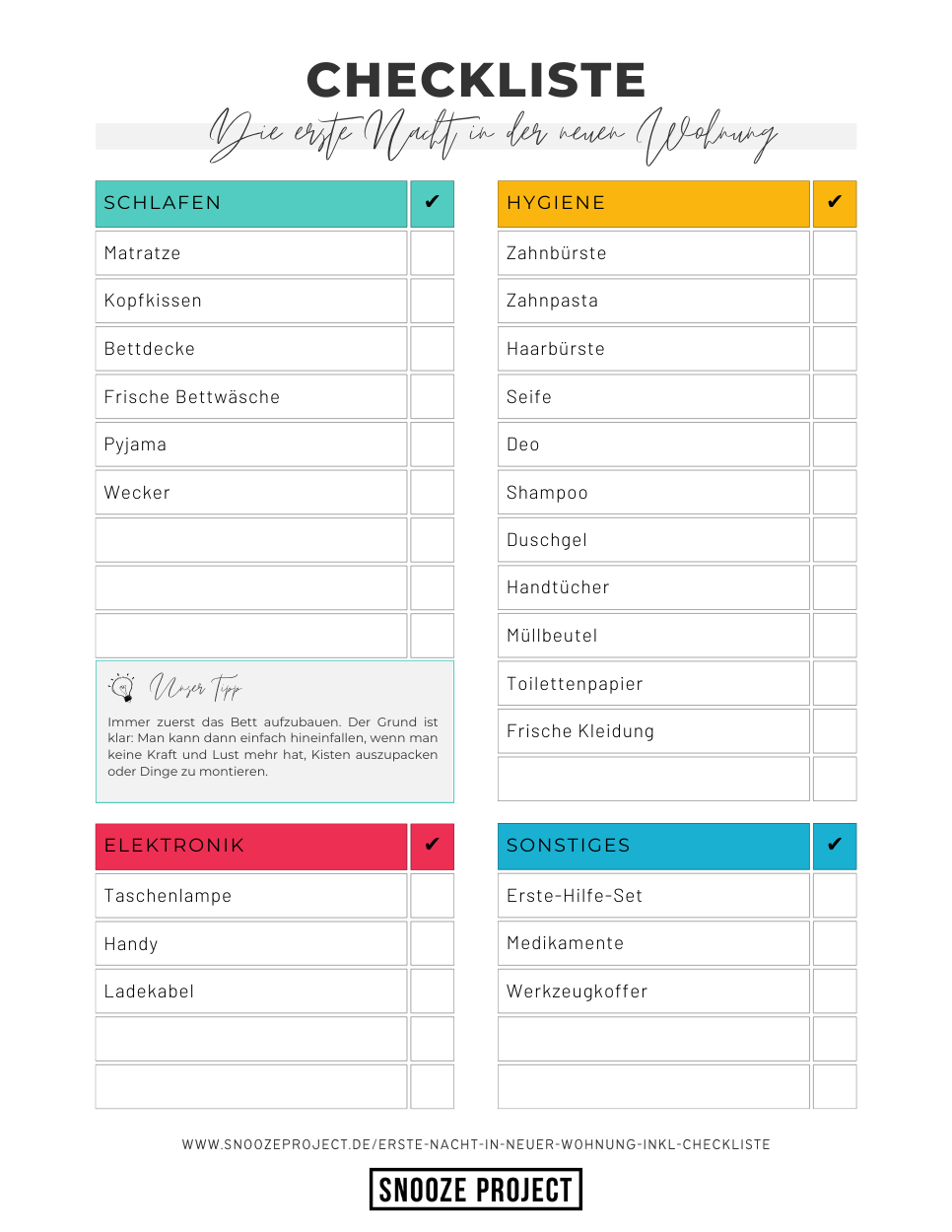 Checkliste ᐅ Die erste Nacht in der neuen Wohnung Snooze Project
