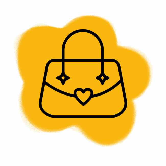 Ein schlichter schwarzer Umriss einer Handtasche mit einem herzförmigen Verschluss und zwei sternförmigen Akzenten vor einem gelben abstrakten Hintergrund - perfekt für alle, die sich für Traumdeutung und Symbolik im Design interessieren.