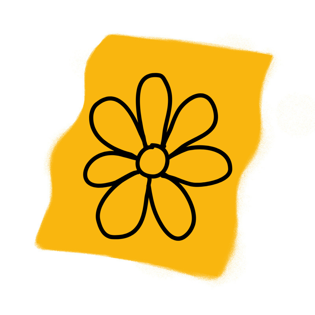 Eine einfache schwarze Strichzeichnung eines Gänseblümchens mit sieben Blütenblättern auf gelbem, unregelmäßig geformtem Hintergrund, die an die Blume als Traumsymbol in der Traumdeutung erinnert.