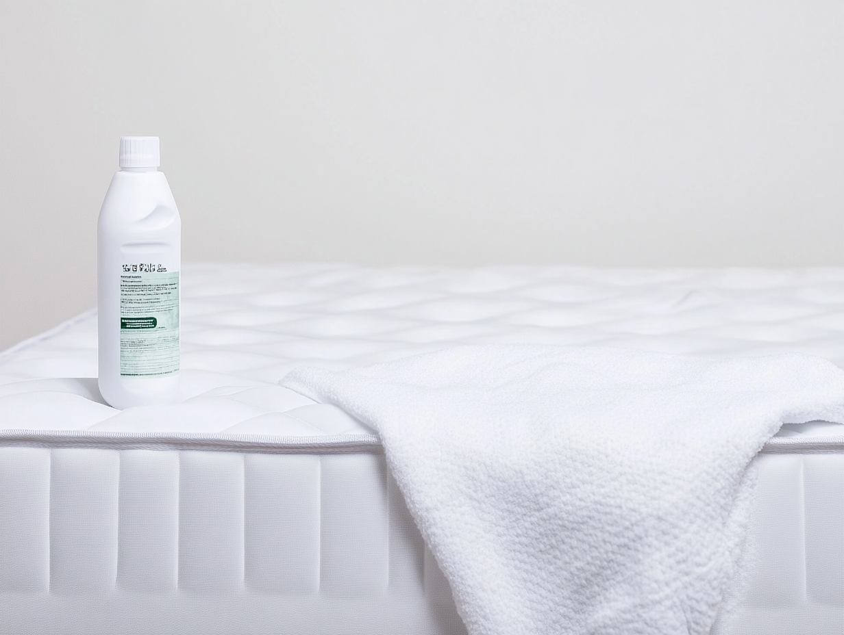 Eine weiße Matratze und eine Flasche Desinfektionsmittel, bereit die Matratze zu desinfizieren