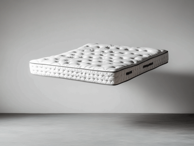 Eine weiße, gesteppte Matratze mit schwarzer Umrandung scheint in einem minimalistischen Raum mit grauen Wänden und einem Betonboden zu schweben.