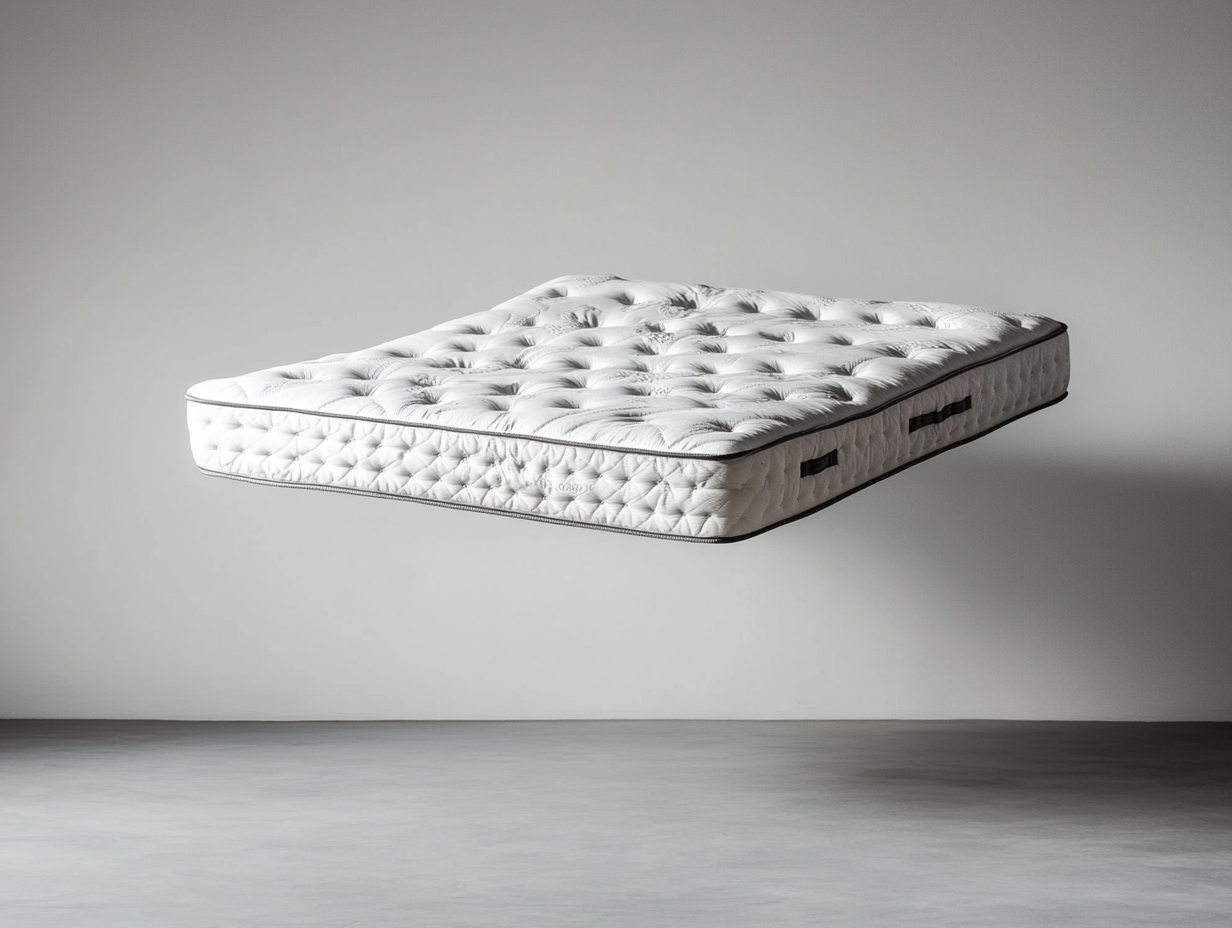 Eine weiße, gesteppte Matratze mit schwarzer Umrandung scheint in einem minimalistischen Raum mit grauen Wänden und einem Betonboden zu schweben.