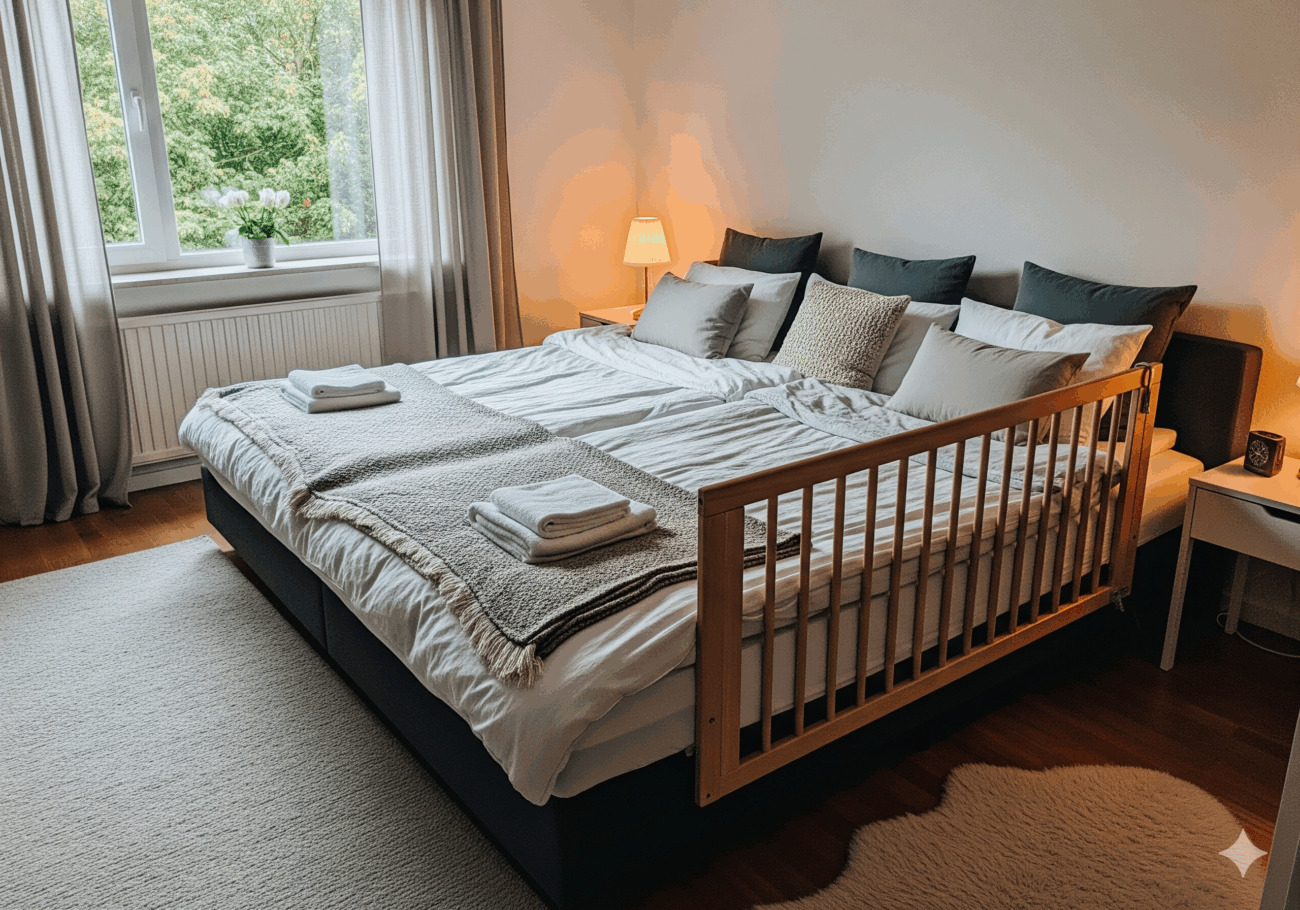 Ein modernes Schlafzimmer mit einem großen Bett mit grauer und weißer Bettwäsche, gestapelten Kissen, einem hölzernen Rausfallschutz zur Sicherheit auf einer Seite, Nachttischen mit Lampen, einem Fenster mit Vorhängen und einem weichen Teppich auf dem Boden.