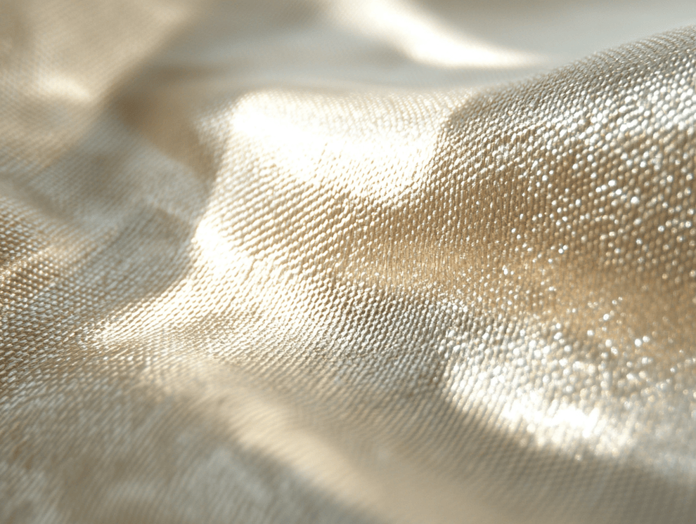 Nahaufnahme eines schimmernden, strukturierten goldenen Gewebes in Atlasbindung, dessen weiche Falten und Lichtreflexe ein luxuriöses und elegantes Aussehen erzeugen.