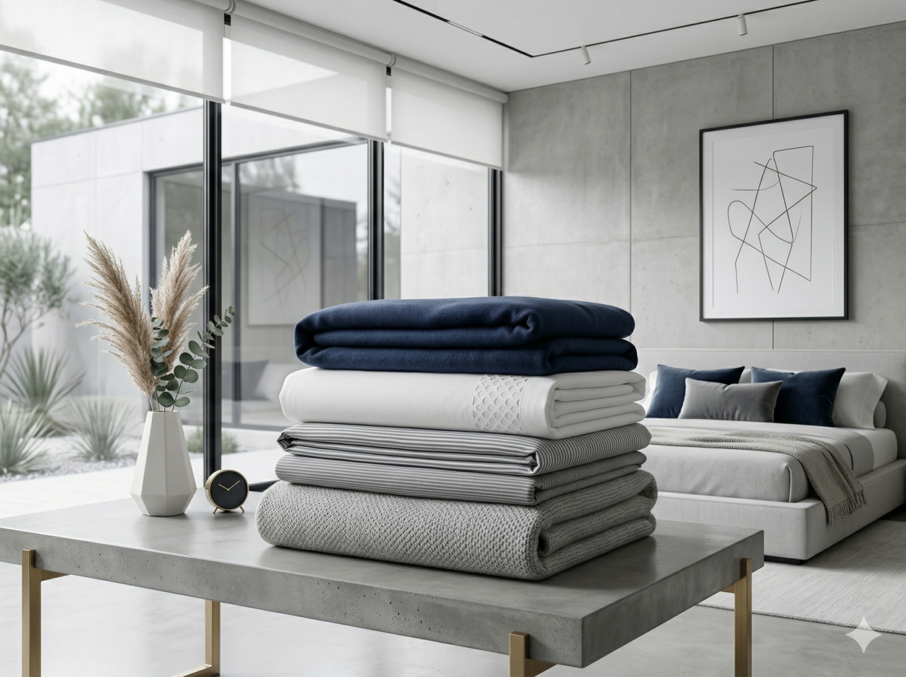 Ein ordentlich gestapelter Stapel gefalteter Bettwäsche in Marineblau, Weiß und Grau liegt auf einem modernen Betontisch in einem minimalistischen Schlafzimmer mit großen Fenstern, einem Bett, einem abstrakten Kunstwerk und einer dekorativen Vase mit Pampasgras.