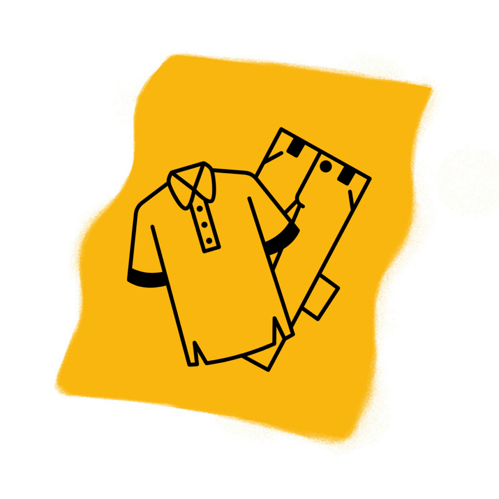 Illustration eines kurzärmeligen Hemdes mit Kragen und einer schwarz umrandeten Hose auf einem gelben abstrakten Hintergrund - perfekt für Themen wie Traumdeutung Kleidung oder Symbolik in Kleidungsträumen.